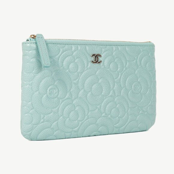 Chanel Light Blue Caviar Camellia-Embossed Small O-Case - Picture 2 of 12